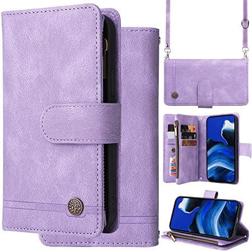 Ammeer Hülle Wallet für Motorola Moto G30/G10/G20, Reißverschluss Zipper Magnetische Flip PU Leder Schutzhülle Handy Tasche Case Cover Silikon TPU Kartenfächer Trageschlaufe Schulterriemen - Lavendel von Ammeer