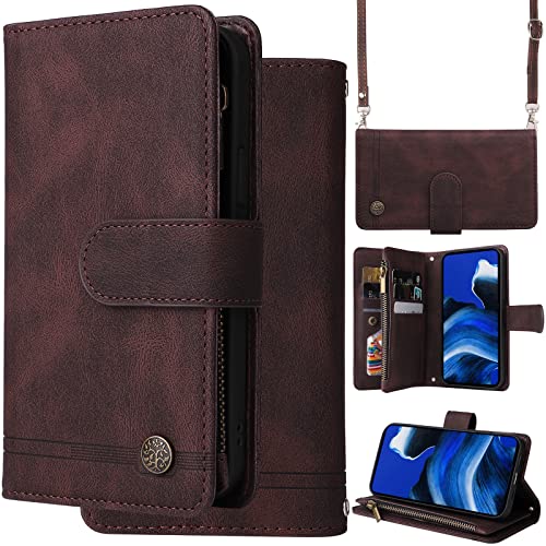 Ammeer Hülle Wallet für Vivo V21 5G/4G, Reißverschluss Zipper Magnetische Flip PU Leder Schutzhülle Handy Tasche Case Cover Silikon TPU Kartenfächer Stand Trageschlaufe Schulterriemen - Braun von Ammeer