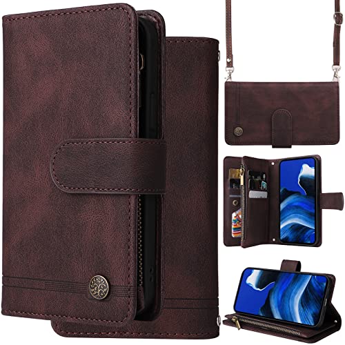 Ammeer Hülle Wallet für Xiaomi Redmi Note 12 Turbo/Poco F5, Reißverschluss Zipper Magnetische Flip PU Leder Schutzhülle Handy Tasche Case Cover Silikon TPU Trageschlaufe Schulterriemen - Braun von Ammeer