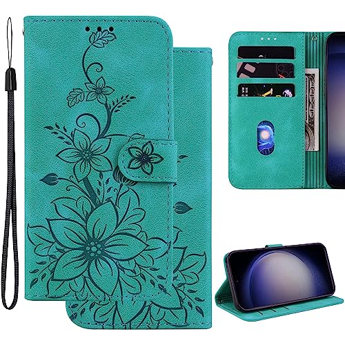 Ammeer Hülle für Blackview A80 Pro, Prägen Blume Muster Magnetische Flip Folio Cover PU Leder Schutzhülle Handy Tasche Brieftasche Wallet Case Ständer - Grün von Ammeer