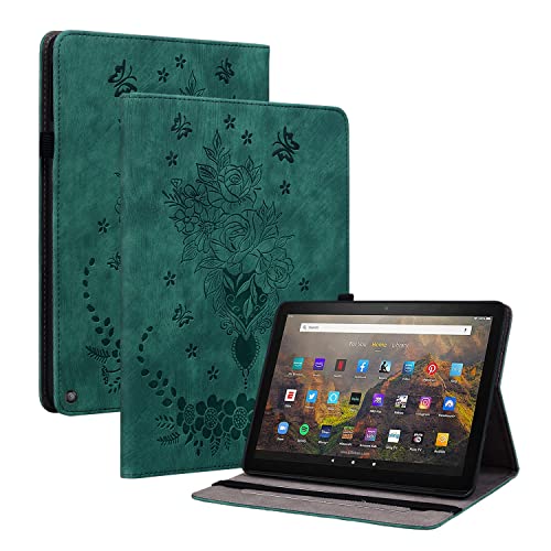 Ammeer Hülle für Fire HD 8 2020/2022/Fire HD 8 Plus Tablet 2020/2022, Retro Rose Blume Muster Flip Smart Cover PU Leder Schutzhülle Tasche Brieftasche Wallet Case Ständer Kartenfächer Gummiband - Grün von Ammeer