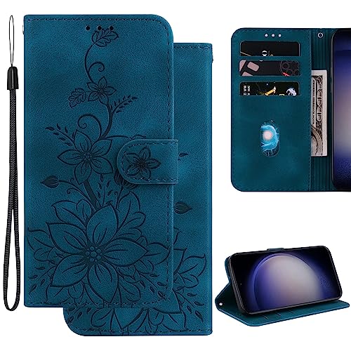 Ammeer Hülle für Google Pixel 5, Prägen Blume Muster Magnetische Flip Folio Cover PU Leder Schutzhülle Handy Tasche Brieftasche Wallet Case Ständer - Blau von Ammeer