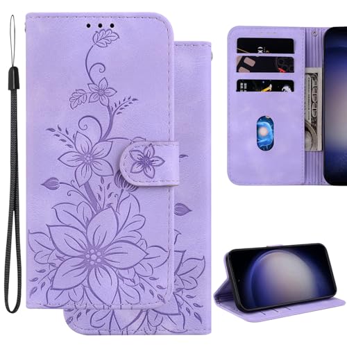 Ammeer Hülle für Google Pixel 9a, Prägen Blume Muster Magnetische Flip Folio Cover PU Leder Schutzhülle Handy Tasche Brieftasche Wallet Case Ständer - Lavendel von Ammeer