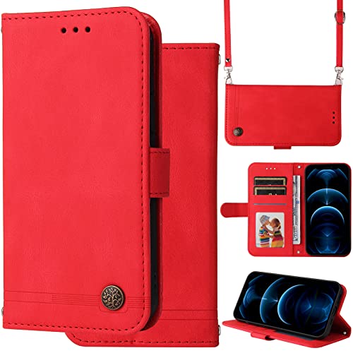 Ammeer Hülle für Honor X50i/Honor 90 Lite, Wallet Magnetische Flip PU Leder Schutzhülle Handy Tasche Case Cover mit Silikon TPU Kartenfächer Stand Trageschlaufe Schulterriemen - Rot von Ammeer