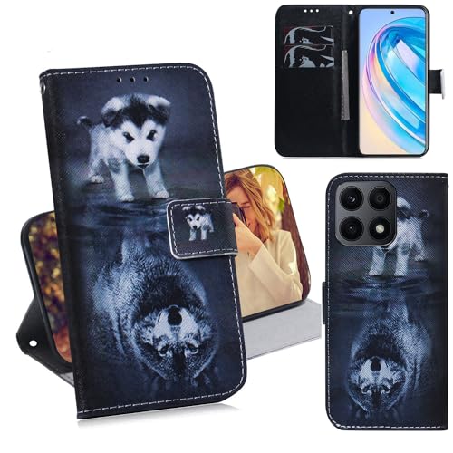 Ammeer Hülle für Honor X8a, Flip PU Leder Schutzhülle Handy Tasche Case Cover Wallet Standfunktion mit Kartenfächer Magnetverschluss - Hund Wolf von Ammeer