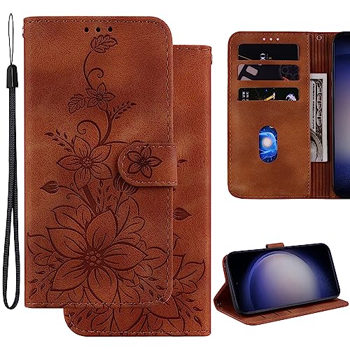 Ammeer Hülle für LG K42, Prägen Blume Muster Magnetische Flip Folio Cover PU Leder Schutzhülle Handy Tasche Brieftasche Wallet Case Ständer - Braun von Ammeer