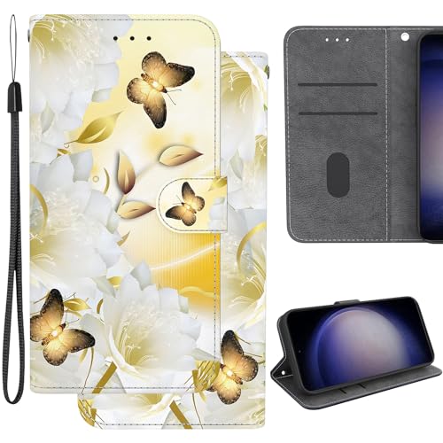 Ammeer Hülle für LG Velvet 5G, Flip Folio PU Leder Schutzhülle Handy Tasche Wallet Case Cover Ständer mit Magnetverschluss - Gold Schmetterling von Ammeer