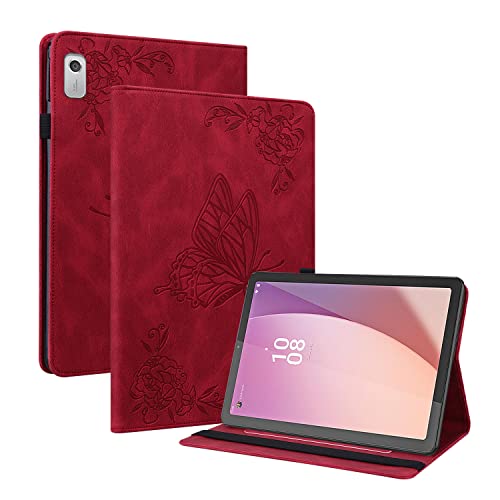 Ammeer Hülle für Lenovo Tab M9 9 Zoll Tablet, Retro Schmetterling Blume Muster Flip Smart Cover PU Leder Schutzhülle Tasche Brieftasche Wallet Case Ständer Kartenfächer Gummiband - Rot von Ammeer