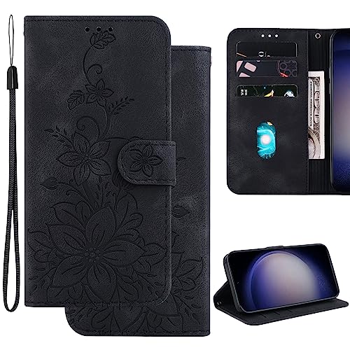 Ammeer Hülle für Motorola Edge 30 Neo, Prägen Blume Muster Magnetische Flip Folio Cover PU Leder Schutzhülle Handy Tasche Brieftasche Wallet Case Ständer - Schwarz von Ammeer