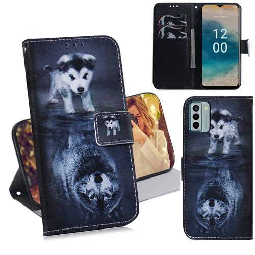 Ammeer Hülle für Nokia G22, Flip PU Leder Schutzhülle Handy Tasche Case Cover Wallet Standfunktion mit Kartenfächer Magnetverschluss - Hund Wolf von Ammeer