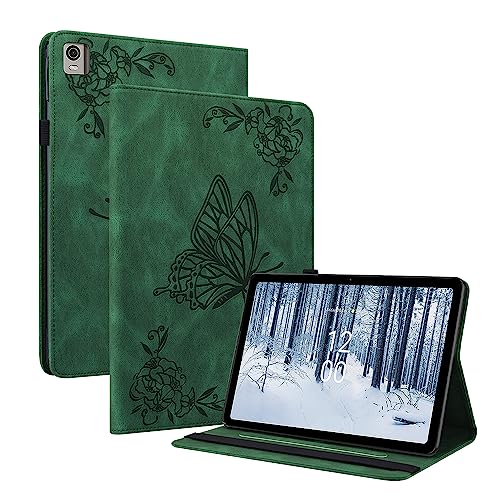 Ammeer Hülle für Nokia T21 Tablet, Retro Schmetterling Blume Muster Flip Smart Cover PU Leder Schutzhülle Tasche Brieftasche Wallet Case Ständer Kartenfächer Gummiband - Grün von Ammeer