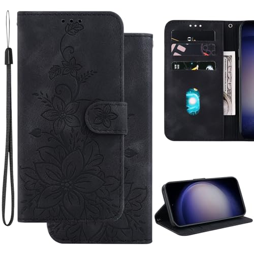 Ammeer Hülle für OnePlus Nord CE4 Lite, Prägen Blume Muster Magnetische Flip Folio Cover PU Leder Schutzhülle Handy Tasche Brieftasche Wallet Case Ständer - Schwarz von Ammeer