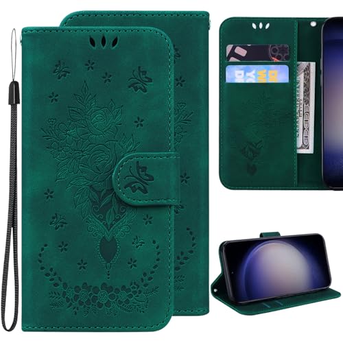 Ammeer Hülle für Oppo Reno12 Pro 5G, Retro Rose Blume Muster Magnetische Flip Cover PU Leder Schutzhülle Handy Tasche Brieftasche Wallet Case Ständer mit Kartenfächer - Grün von Ammeer