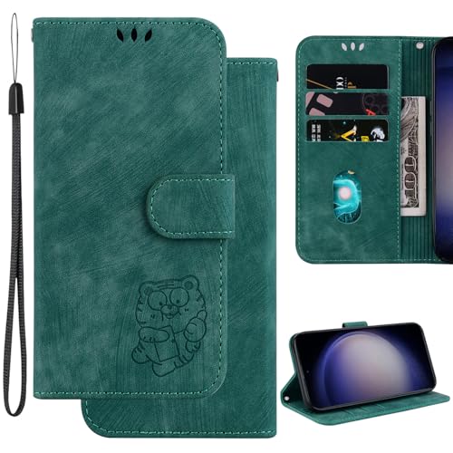 Ammeer Hülle für Realme C67 4G, Süßer Tiger Magnetische Flip Folio Cover PU Leder Schutzhülle Handy Tasche Brieftasche Wallet Case Ständer - Grün von Ammeer
