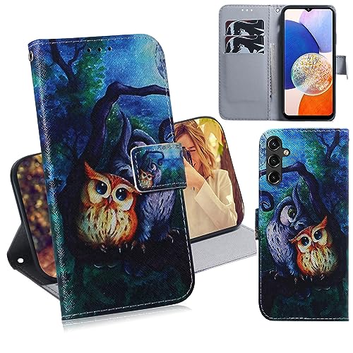 Ammeer Hülle für Samsung Galaxy A14 5G/4G, Flip PU Leder Schutzhülle Handy Tasche Case Cover Wallet Standfunktion mit Kartenfächer Magnetverschluss - Eule von Ammeer