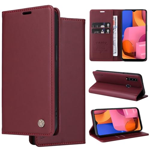 Ammeer Hülle für Samsung Galaxy A20S, Prämie Flip Folio PU Leder Magnetische Adsorption Handy Tasche Case Stilvoll Cover Schutzhülle Wallet Brieftasche Ständer Funktion - Weinrot von Ammeer