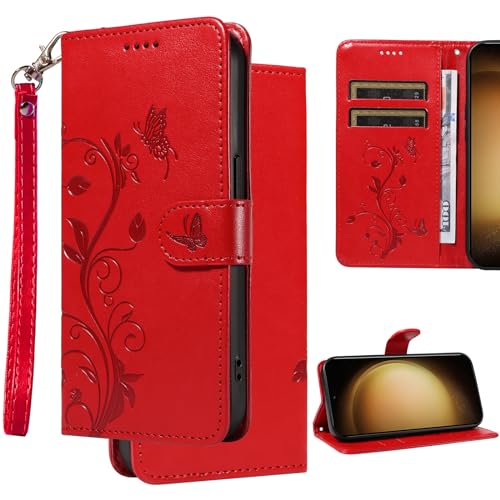Ammeer Hülle für Samsung Galaxy S7 Edge, Prägen Blume Schmetterling Muster Cover Flip PU Leder Schutzhülle Tasche Case Wallet Brieftasche mit Kartenfächer Magnetverschluss - Rot von Ammeer