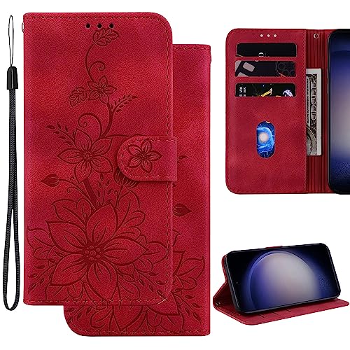 Ammeer Hülle für Sony Xperia 10 V, Prägen Blume Muster Magnetische Flip Folio Cover PU Leder Schutzhülle Handy Tasche Brieftasche Wallet Case Ständer - Rot von Ammeer