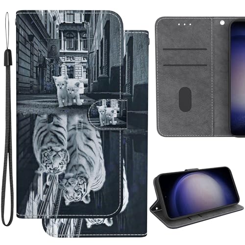 Ammeer Hülle für Tecno Spark Go 2023/Pop 7 Pro, Flip Folio PU Leder Schutzhülle Handy Tasche Wallet Case Cover Ständer mit Magnetverschluss - Katze Tiger von Ammeer