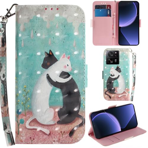 Ammeer Hülle für Xiaomi 13T/Xiaomi 13T Pro, 3D Magnetische Flip PU Leder Schutzhülle Handy Tasche Case Cover Ständer mit Kartenfächer Trageschlaufe - Schwarz Weiß Katzen von Ammeer