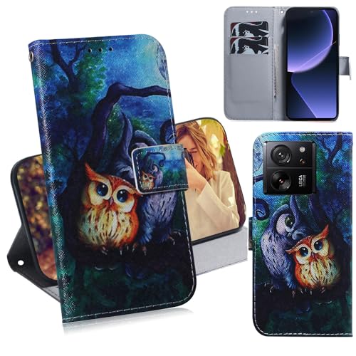 Ammeer Hülle für Xiaomi 13T/Xiaomi 13T Pro, Flip PU Leder Schutzhülle Handy Tasche Case Cover Wallet Standfunktion mit Kartenfächer Magnetverschluss - Eule von Ammeer