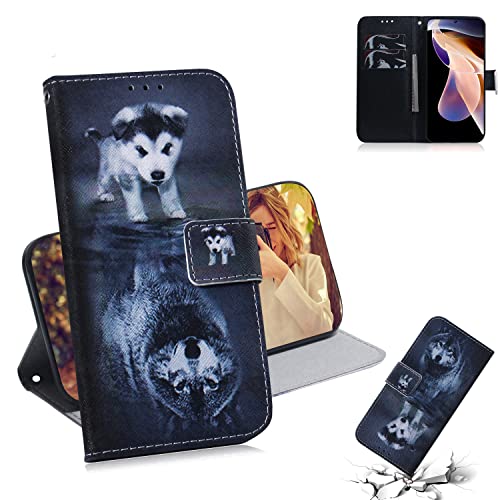 Ammeer Hülle für Xiaomi Poco F5 Pro, Flip PU Leder Schutzhülle Handy Tasche Case Cover Wallet Standfunktion mit Kartenfächer Magnetverschluss - Hund Wolf von Ammeer