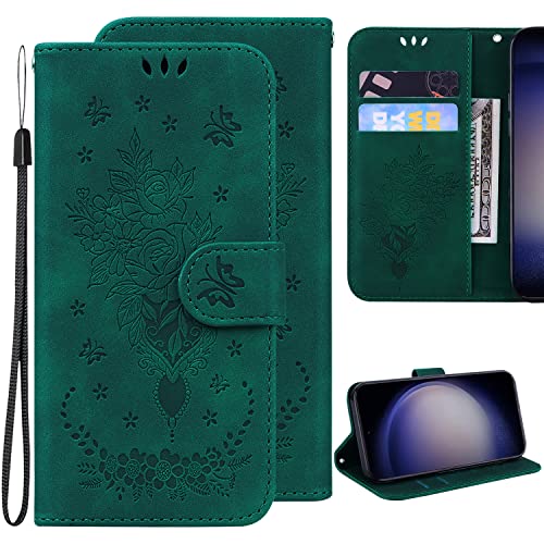 Ammeer Hülle für Xiaomi Redmi 7A, Retro Rose Blume Muster Magnetische Flip Cover PU Leder Schutzhülle Handy Tasche Brieftasche Wallet Case Ständer mit Kartenfächer - Grün von Ammeer