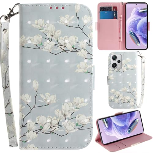 Ammeer Hülle für Xiaomi Redmi Note 12 Pro+ 5G, 3D Magnetische Flip PU Leder Schutzhülle Handy Tasche Case Cover Ständer mit Kartenfächer Trageschlaufe - Weiß Blume von Ammeer