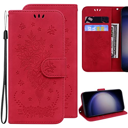 Ammeer Hülle für iPhone 13, Retro Rose Blume Muster Magnetische Flip Cover PU Leder Schutzhülle Handy Tasche Brieftasche Wallet Case Ständer mit Kartenfächer - Rot von Ammeer