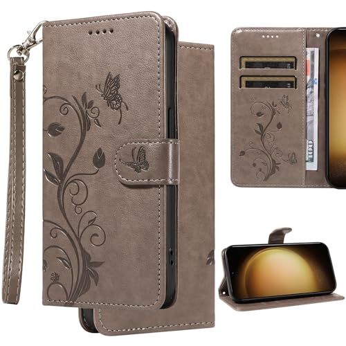 Ammeer Hülle für iPhone 14 Pro, Prägen Blume Schmetterling Muster Cover Flip PU Leder Schutzhülle Tasche Case Wallet Brieftasche mit Kartenfächer Magnetverschluss - Grau von Ammeer