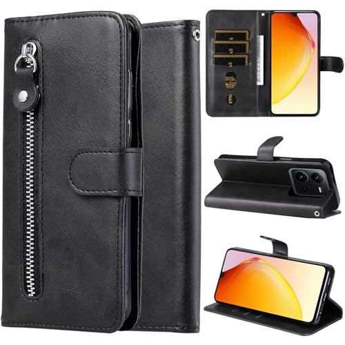 Ammeer Reißverschluss Hülle für Vivo V25 5G/V25e/X80 Lite, Magnetische Flip PU Leder Schutzhülle Zipper Handy Tasche Case Cover Brieftasche Wallet mit Silikon TPU Kartenfächer Stand - Schwarz von Ammeer