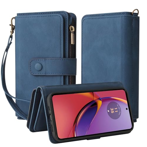 Ammeer Reißverschluss Wallet Hülle für Motorola Moto G84, Schnalle Flip PU Leder Schutzhülle Klapphülle Zipper Handy Tasche Case Cover mit Silikon TPU Kartenfächer Stand - Blau von Ammeer