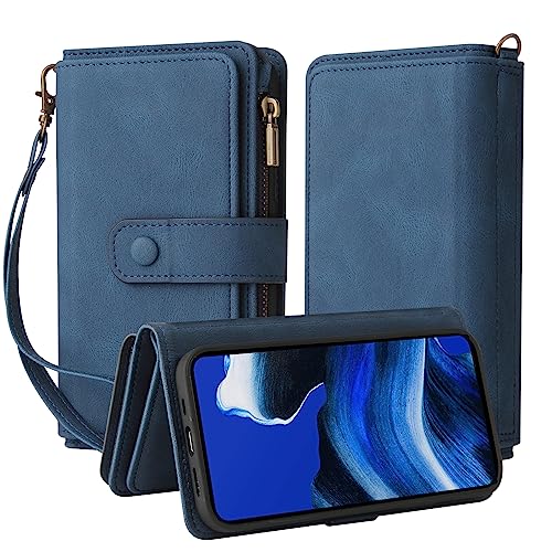 Ammeer Reißverschluss Wallet Hülle für Samsung Galaxy A25 5G/A24 4G, Schnalle Flip PU Leder Schutzhülle Klapphülle Zipper Handy Tasche Case Cover mit Silikon TPU Kartenfächer Stand - Blau von Ammeer