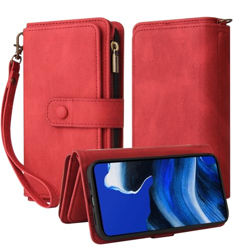 Ammeer Reißverschluss Wallet Hülle für Samsung Galaxy S24+ Plus, Schnalle Flip PU Leder Schutzhülle Klapphülle Zipper Handy Tasche Case Cover mit Silikon TPU Kartenfächer Stand - Rot von Ammeer
