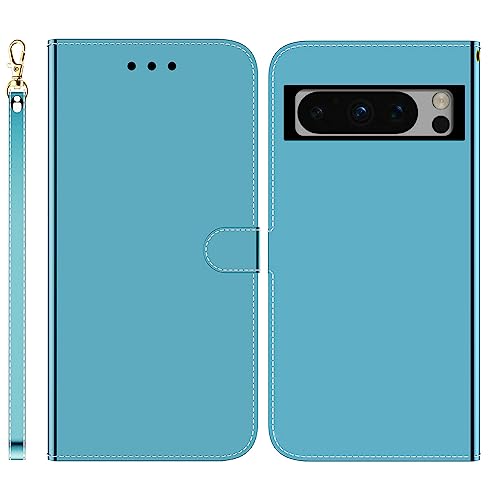 Ammeer Spiegel Hülle für Google Pixel 8 Pro, PU Leder Schutzhülle Handy Tasche Schützend Case Flip Cover Wallet Halter Ständer mit Kartenfächer Magnetverschluss - Blau von Ammeer