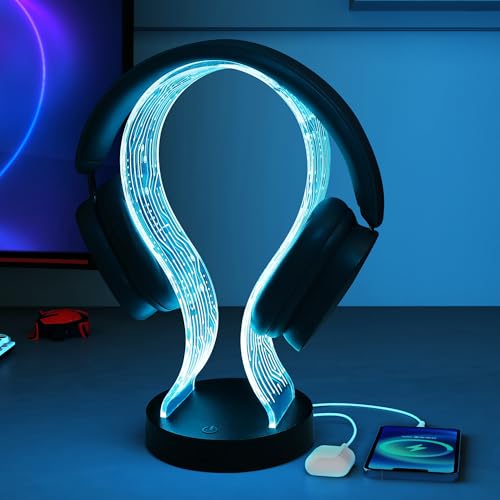 Ammonite Light Up Headphone Stand, 16 Farbe leuchtet Gaming Schreibtisch Accessoire mit 1 USB-Ladeanschluss und 1 Typ-C-Ladeanschlüsse, USB-Power und PCB-Muster, Geschenke für Gamer Freund Junge Mann Ammonite Light Up Headphone Stand, 16 Farbe leuchtet Gaming Schreibtisch Accessoire mit 1 USB-Ladeanschluss und 1 Typ-C-Ladeanschlüsse, USB-Power und PCB-Muster, Geschenke für Gamer Freund Junge Mann von Ammonite
