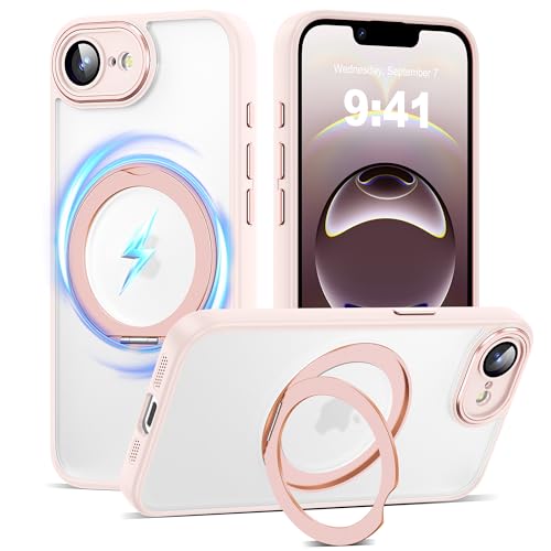 AmoraAqua Kompatibel mit iPhone 16e Hülle mit 360° magnetischem Ringständer [Kompatibel mit Mag-Safe], [Kameraobjektivschutz] Stoßfeste, durchscheinende Handyhülle für iPhone 16e, Rosa von AmoraAqua