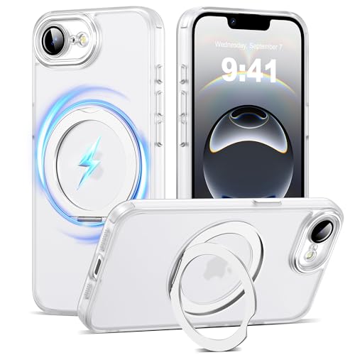 AmoraAqua Kompatibel mit iPhone 16e Hülle mit 360° magnetischem Ringständer [Kompatibel mit Mag-Safe] [Kameralinsenschutz] Stoßfeste, durchscheinende Handyhülle für iPhone 16e, durchscheinend von AmoraAqua