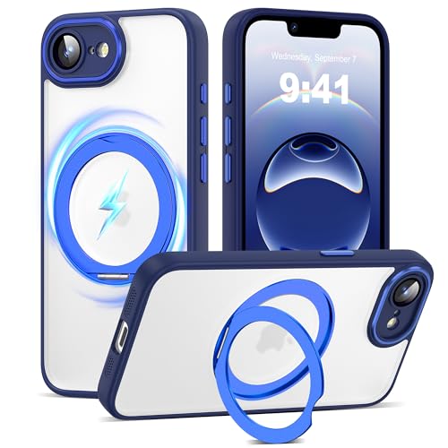 AmoraAqua Kompatibel mit iPhone 16e Hülle mit 360° magnetischem Ringständer [Kompatibel mit Mag-Safe] [Kameraobjektivschutz] Stoßfeste, durchscheinende Handyhülle für iPhone 16e, Blau von AmoraAqua