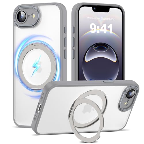 AmoraAqua Kompatibel mit iPhone 16e Hülle mit 360° magnetischem Ringständer [Kompatibel mit Mag-Safe] [Kameraobjektivschutz] Stoßfeste, durchscheinende Handyhülle für iPhone 16e, Grau von AmoraAqua
