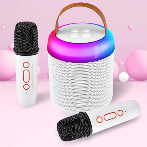 Amouhom Karaoke Maschine für Kinder, Tragbarer Mini Bluetooth Lautsprecher mit 2 Kabellosen Mikrofonen&LED Licht Karaoke Spielzeug Geschenke für Mädchen Jungen Geburtstag Party Weihnachten(Weiß) von Amouhom