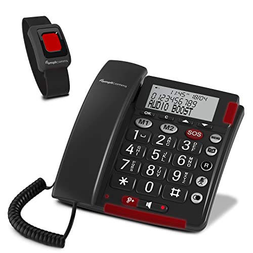Amplicomms BigTel 50 Alarm Plus, schnurgebundenes Großtasten-Telefon, mit SOS Taste und Notfallarmband, extra laut, Hörgerätekompatibel von Amplicomms