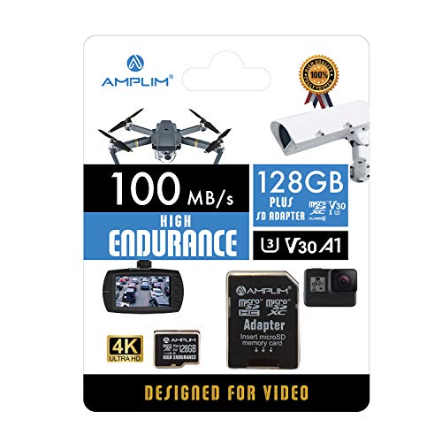 Amplim MicroSDXC-Karte für Videoüberwachungskameras, 128 GB, für Dashcam, Body Cam, Überwachungskamera, Home Security Cam, Drohne, Action Camera U3, V30, A1, 4K UHD, Micro SD TF mit Adapter von Amplim