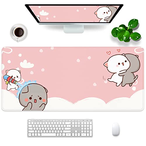 Pinkes Gaming-Mauspad, Geschenk für Frauen, niedliches großes Mauspad, 88,9 x 39,9 x 0,3 cm, extra großes Gummi-Mauspad, Katzen-Thema, rosa und weiß, Mauspad (Pink -1) von Amrgik