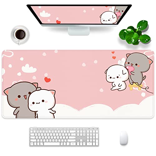 Pinkes Gaming-Mauspad, Geschenk für Frauen, niedliches großes Mauspad, 88,9 x 39,9 x 0,3 cm, extra großes Gummi-Mauspad, Katzen-Thema, rosa und weiß, Mauspad (Pink -2) von Amrgik