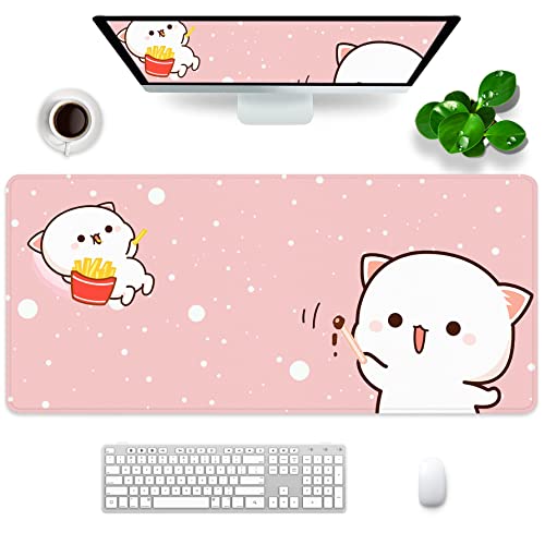 Mauspad mit Katze, XL, Kawaii, Gaming-Mauspad, Tiermotiv, 80 x 30 x 0,3 cm, großes Gummi-Mauspad für den Schreibtisch mit personalisiertem Design für Laptop, Computer, PC (rosa Katze -1) von Amrgik