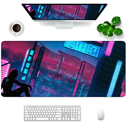 Violette Gaming-Maus, rote Schreibtischmatte, Anime, großes Mauspad, 88,9 x 39,9 x 0,3 cm, XXL-Mauspad, japanisches Tokyo City, großes Mauspad für Schreibtischunterlage (Lila Rot, 1) von Amrgik
