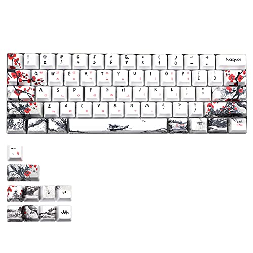 Amsixo Dye Subbed Keycaps 71 Tasten 6.25u Leertaste PBT Mechanische Tastatur DIY Chinesische Pflaumenblüte Thema 3 Sprachen Tastenkappen von Amsixo