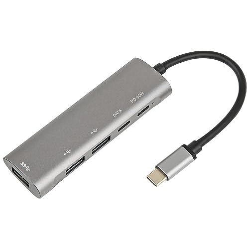 Typ-C-Hub aus Aluminiumlegierung, USB 3.0/2.0-Anschlüsse mit Kartenleser, PD60W, schnelles Aufladen für Laptop, Tablet, Handy, Typ C auf USB-Hub von Amsixo