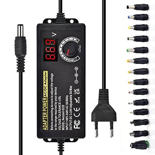 Einstellbares Netzteil 3V-24V Universal Netzteiladapter 3A 72W Verstellbarer Netzadapter AC/DC 100V-240V mit LED Spannungsanzeige und 5,5x2,5mm 14 Tipps für Haushaltsgeräte LED Beleuchtung,DVD,TFT usw von Amtake